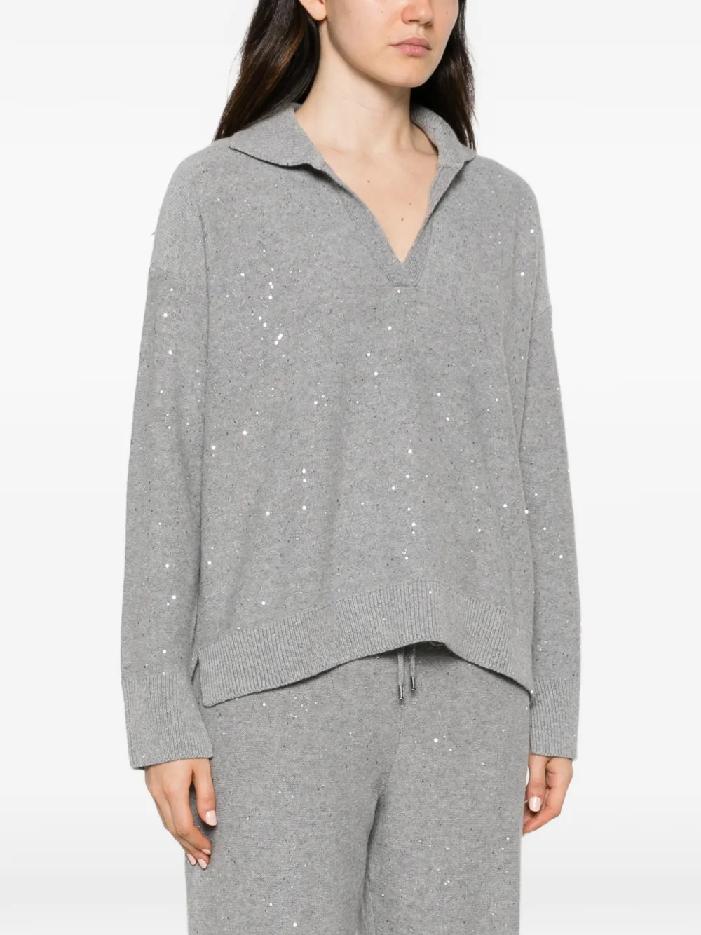 Pulover Antonelli Sequin-Embellished Polo-Collar gri - imagine 3