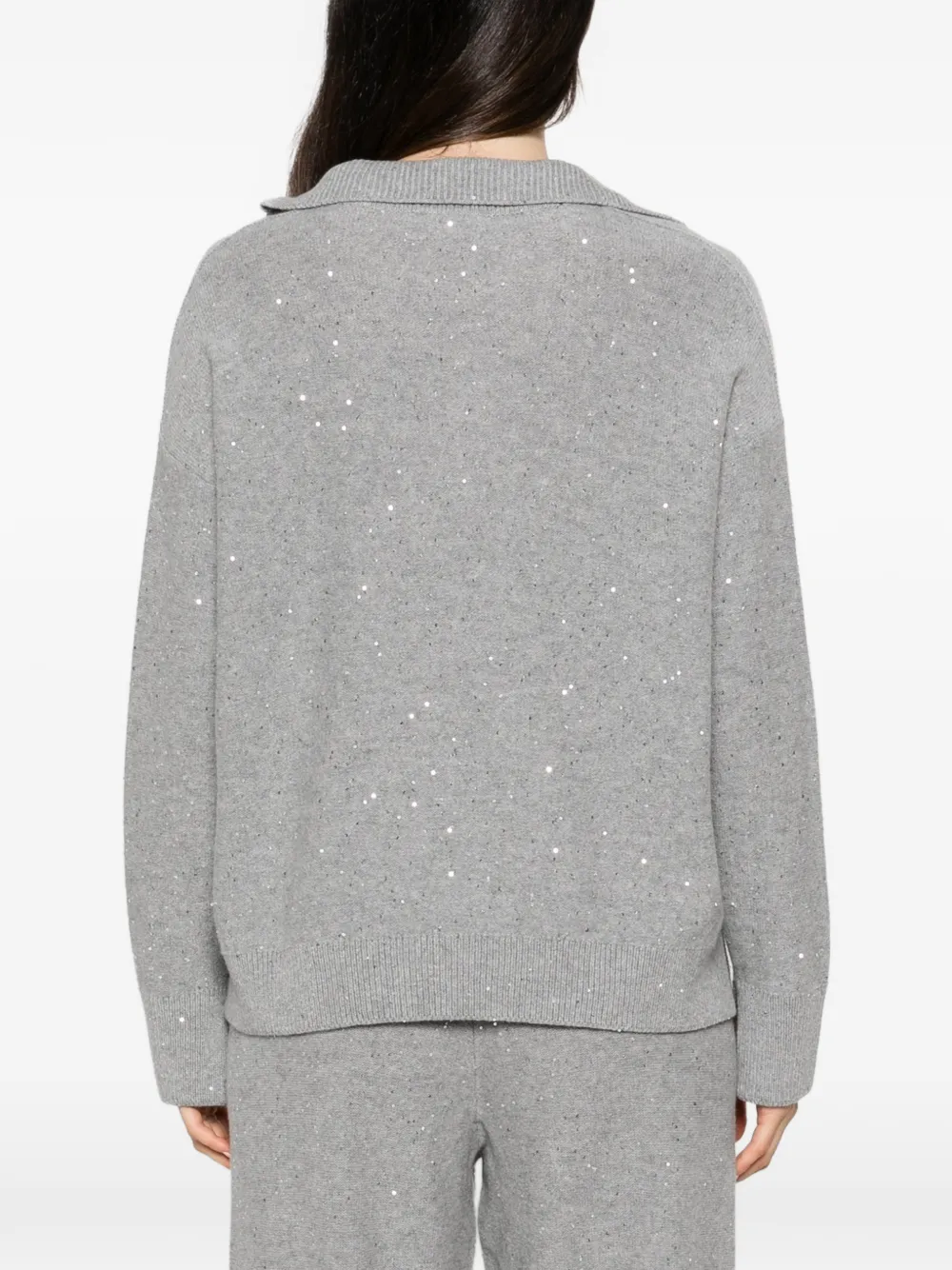 Pulover Antonelli Sequin-Embellished Polo-Collar gri - imagine 2