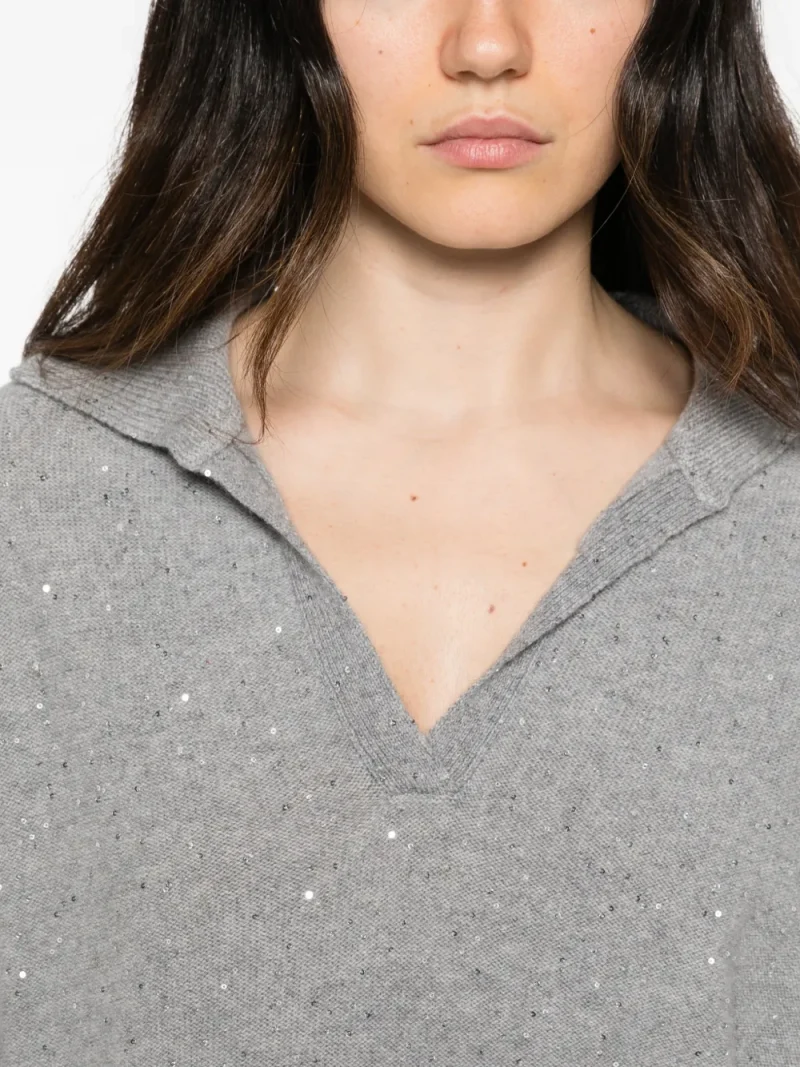 Pulover Antonelli Sequin-Embellished Polo-Collar gri - imagine 5