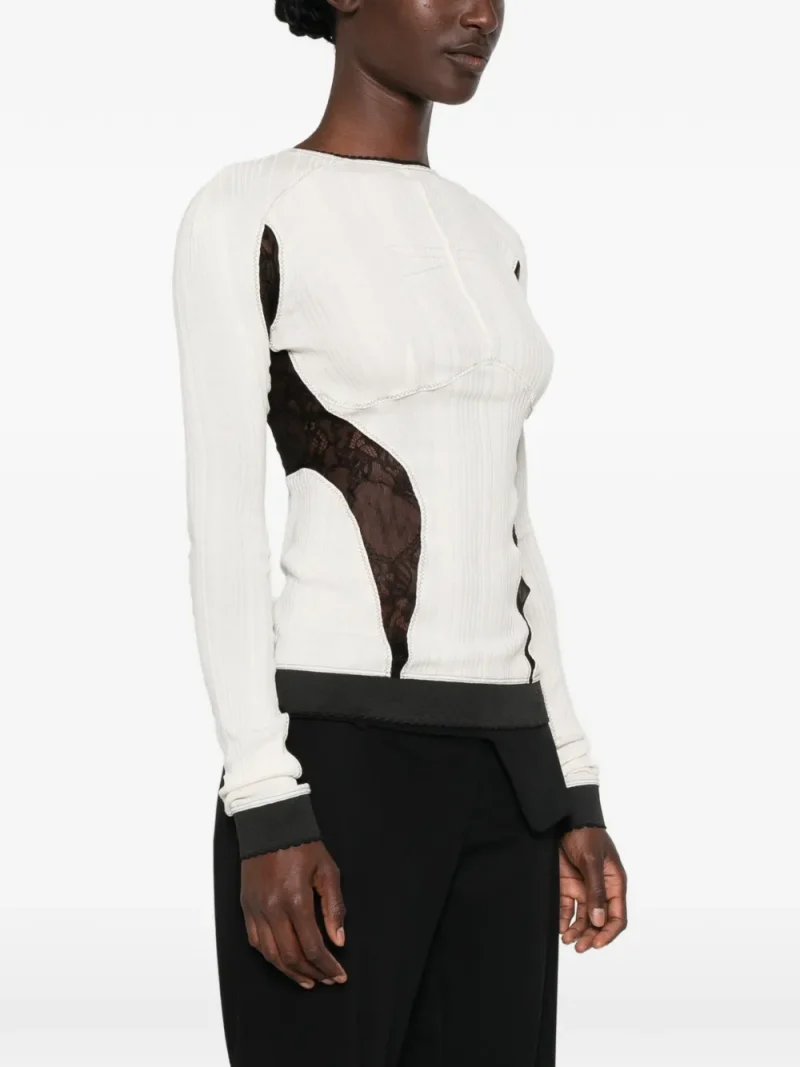 Top The Attico Lace-Insert Ribbed-Knit alb - imagine 3